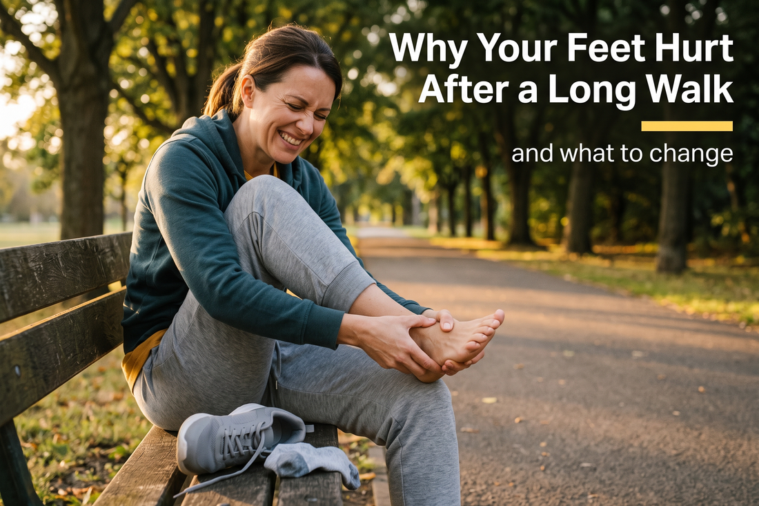 Woman on a park bench rubbing her sore foot after a long walk, wincing