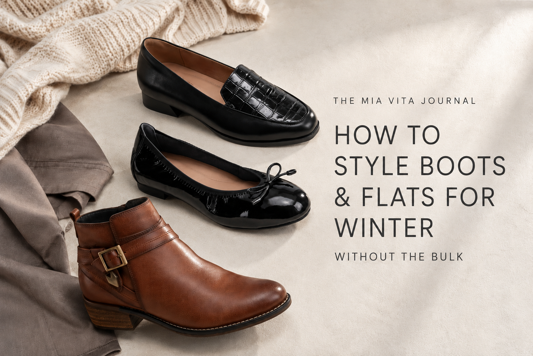 A blog cover titled "HOW TO STYLE BOOTS & FLATS FOR WINTER" from The Mia Vita Journal. The image showcases three shoes: a black textured loafer, a shiny black ballet flat, and a brown leather ankle boot, styled next to winter knitwear on a beige surface.