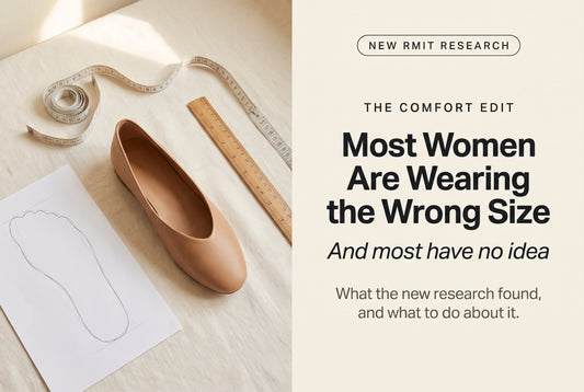Flat-lay of a plain shoe, tape measure, ruler and a traced foot outline on cream linen